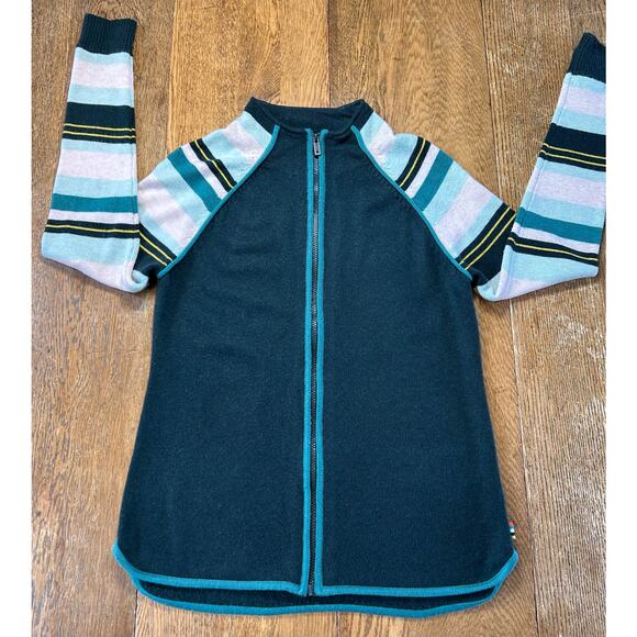SmartWool Zip Cardigan Deep Green & Stripe Sleeve Sz L Merino SWO19272 - Picture 1 of 12